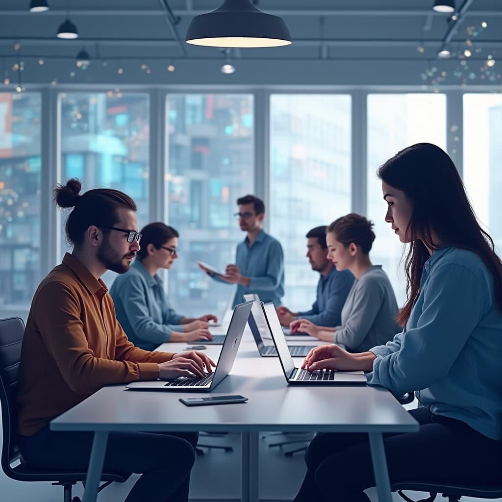 Team members collaborating around a table.