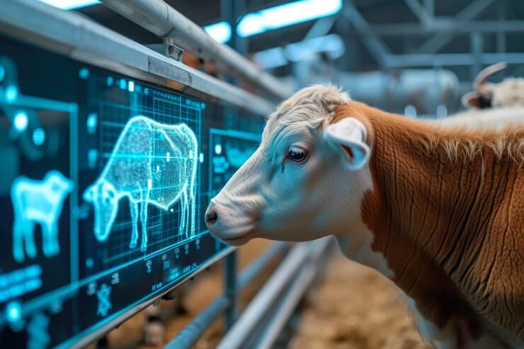 Cattle in a field with digital tags, representing livestock tracking software.