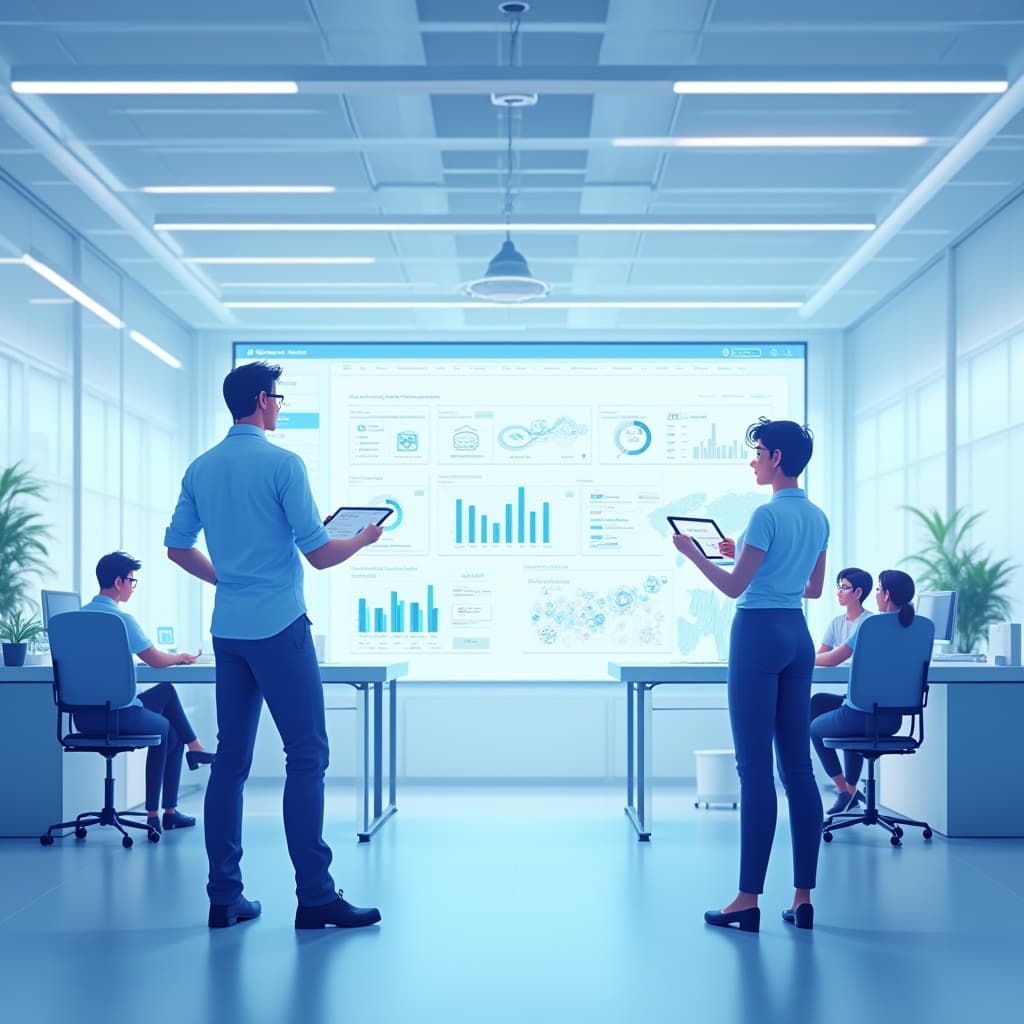 Diverse team of software developers collaborating on a manufacturing project.