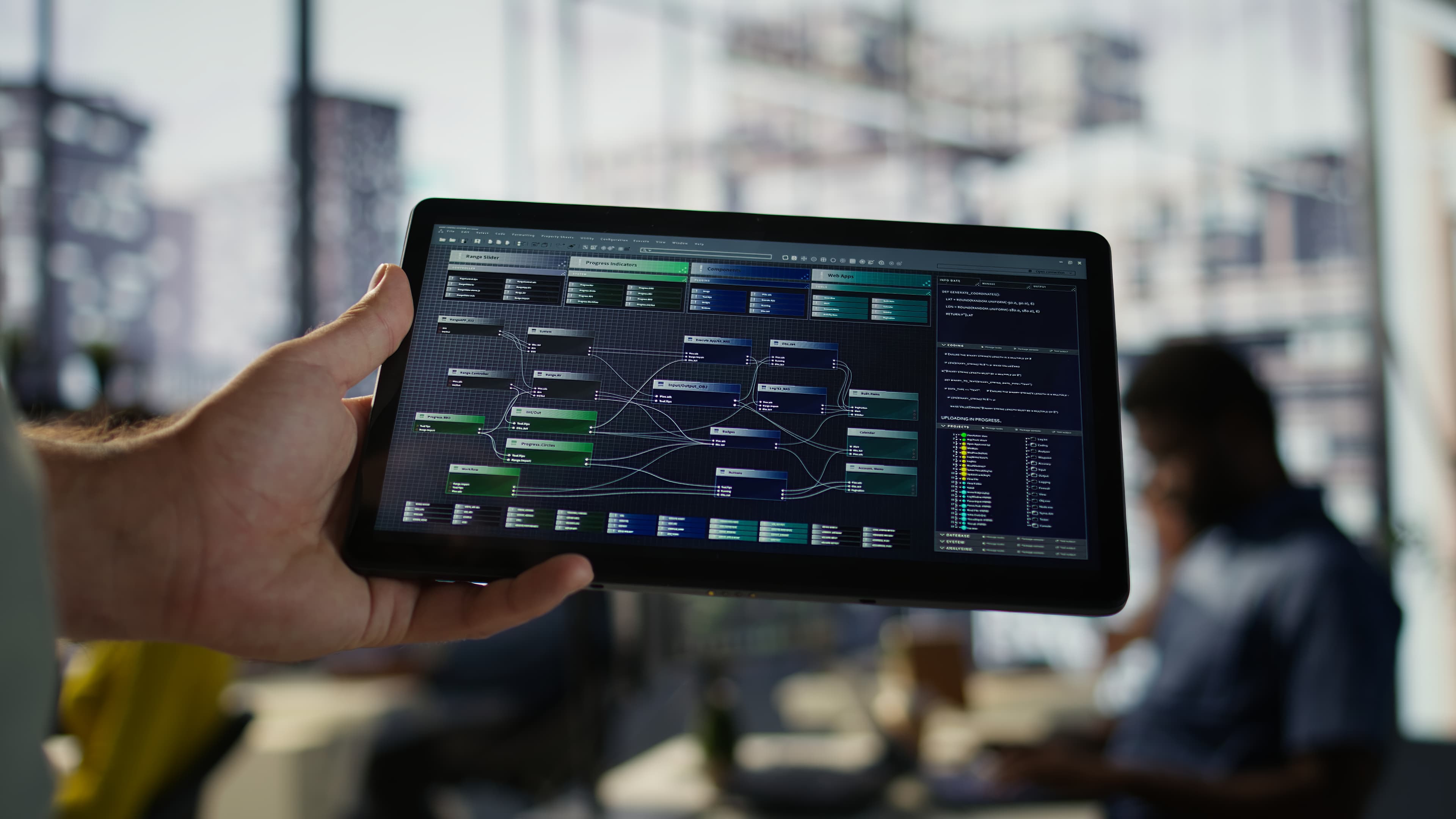 Engineer using a tablet for aircraft maintenance diagnostics, illustrating MRO software in action.