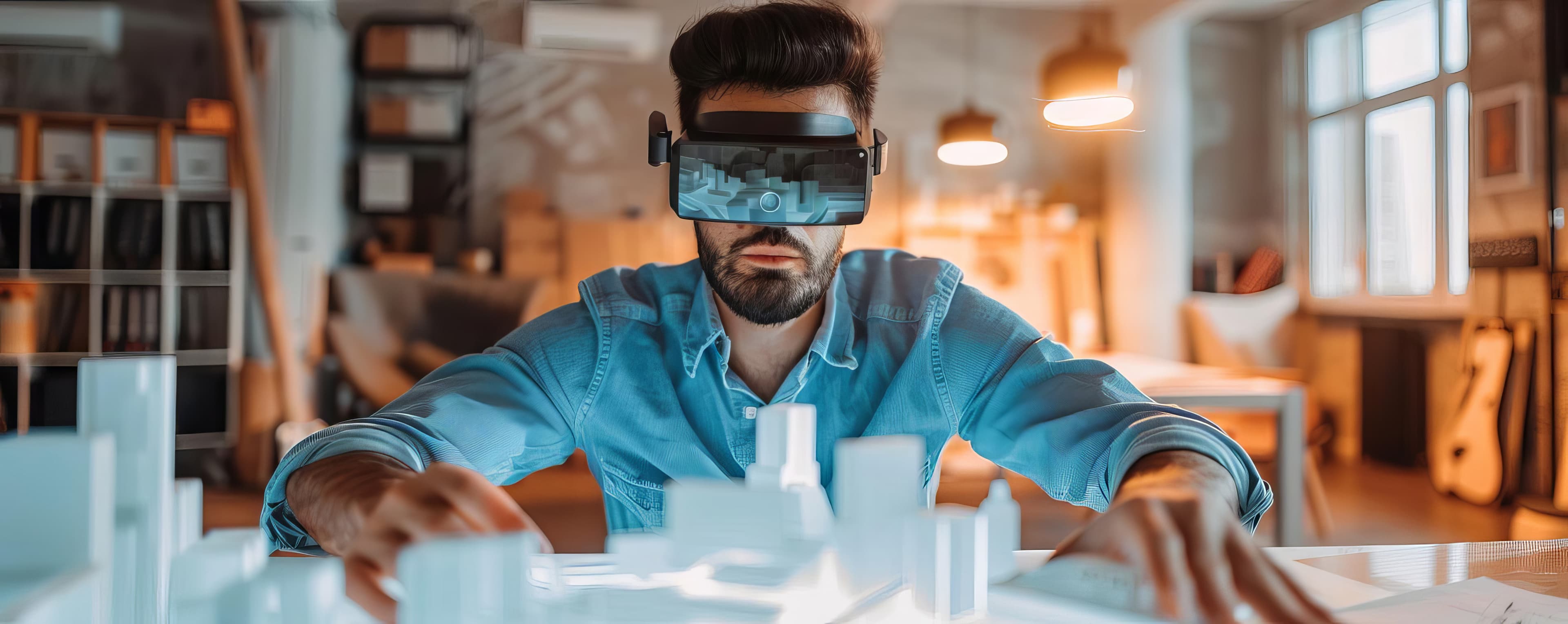 Person wearing a VR headset experiencing a virtual walkthrough of a building design.