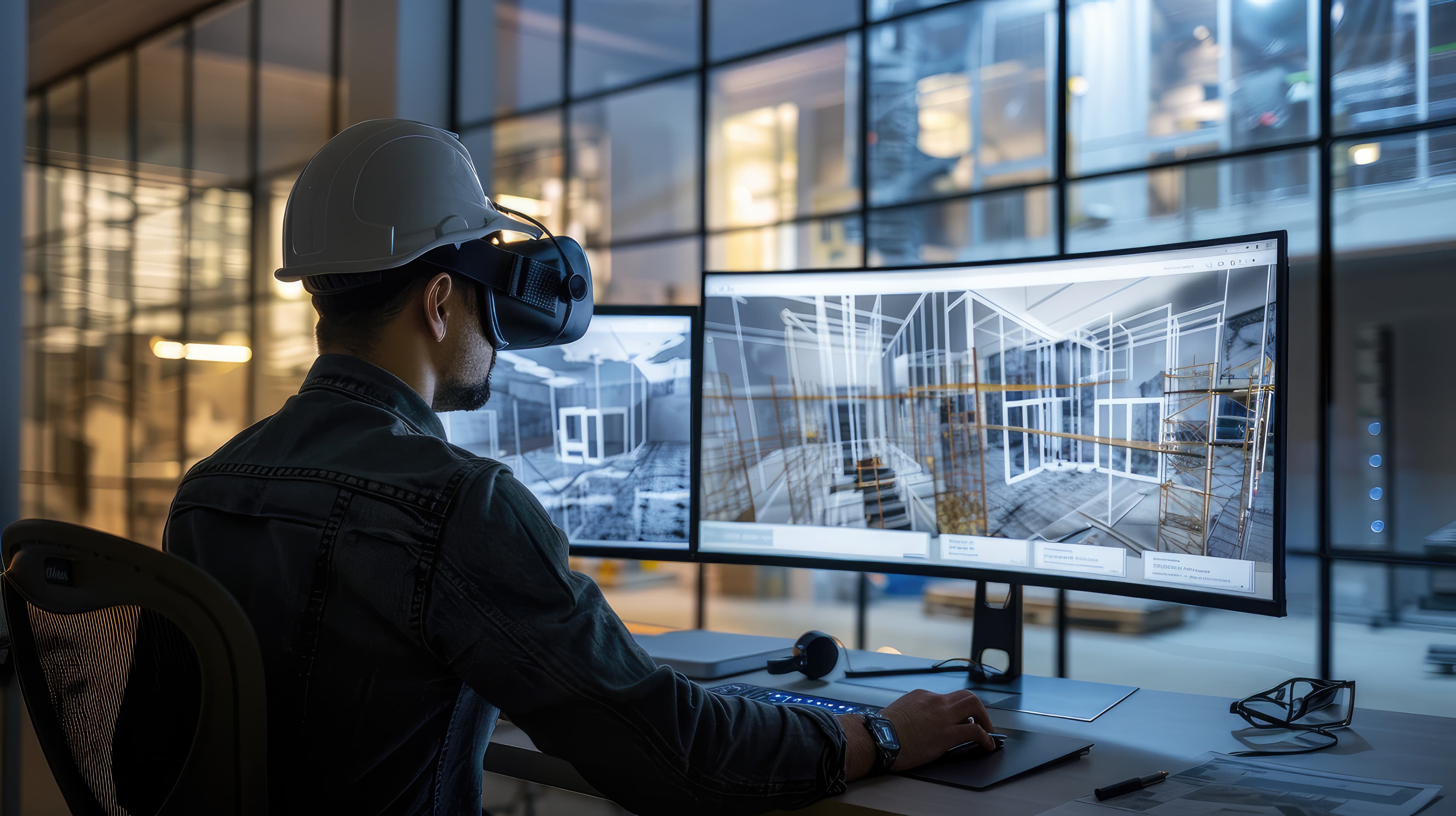 Team of engineers collaborating over a digital blueprint, showcasing Aroopa's construction technology.