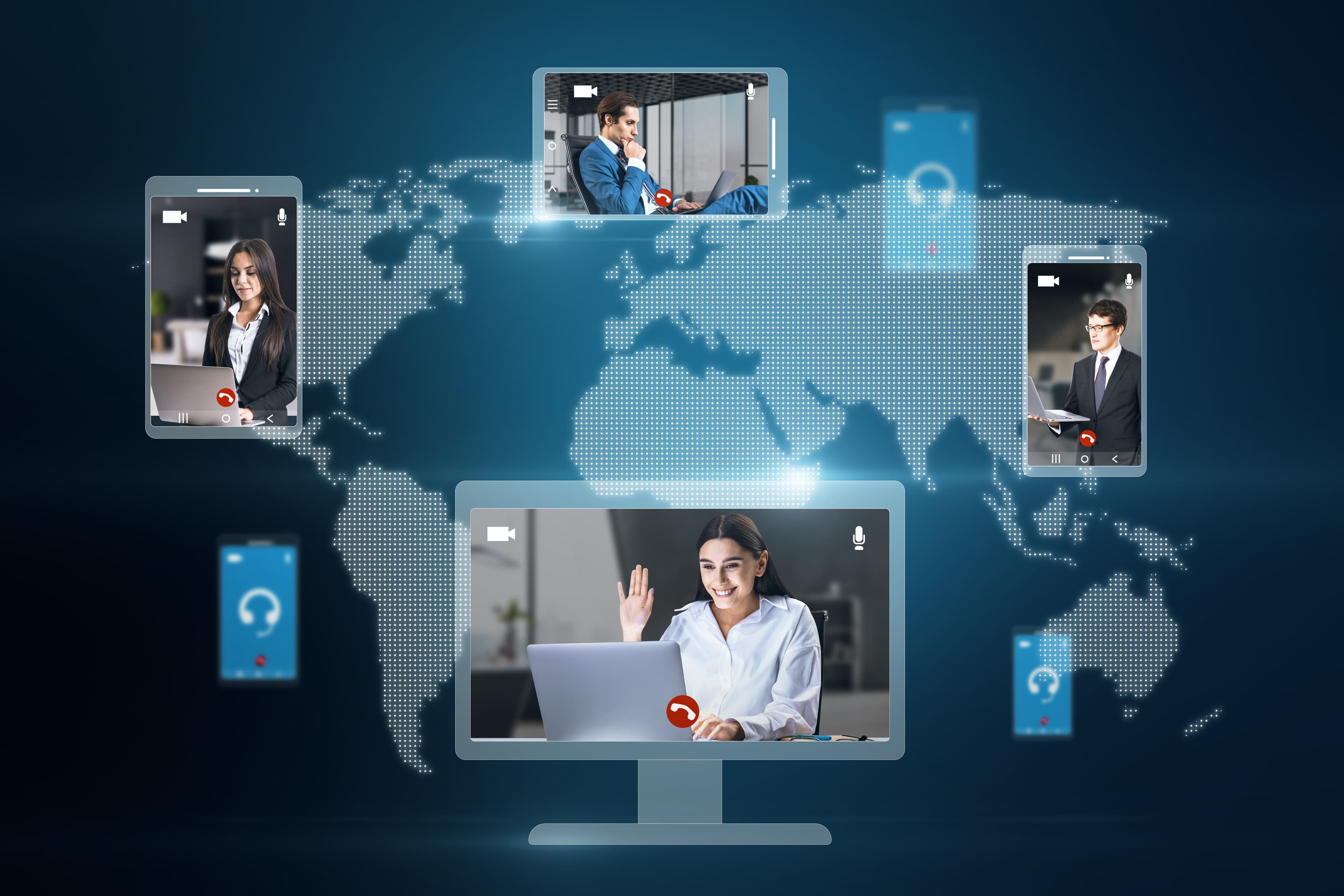 Collage representing virtual law firm tools like video conferencing and cloud dashboards.