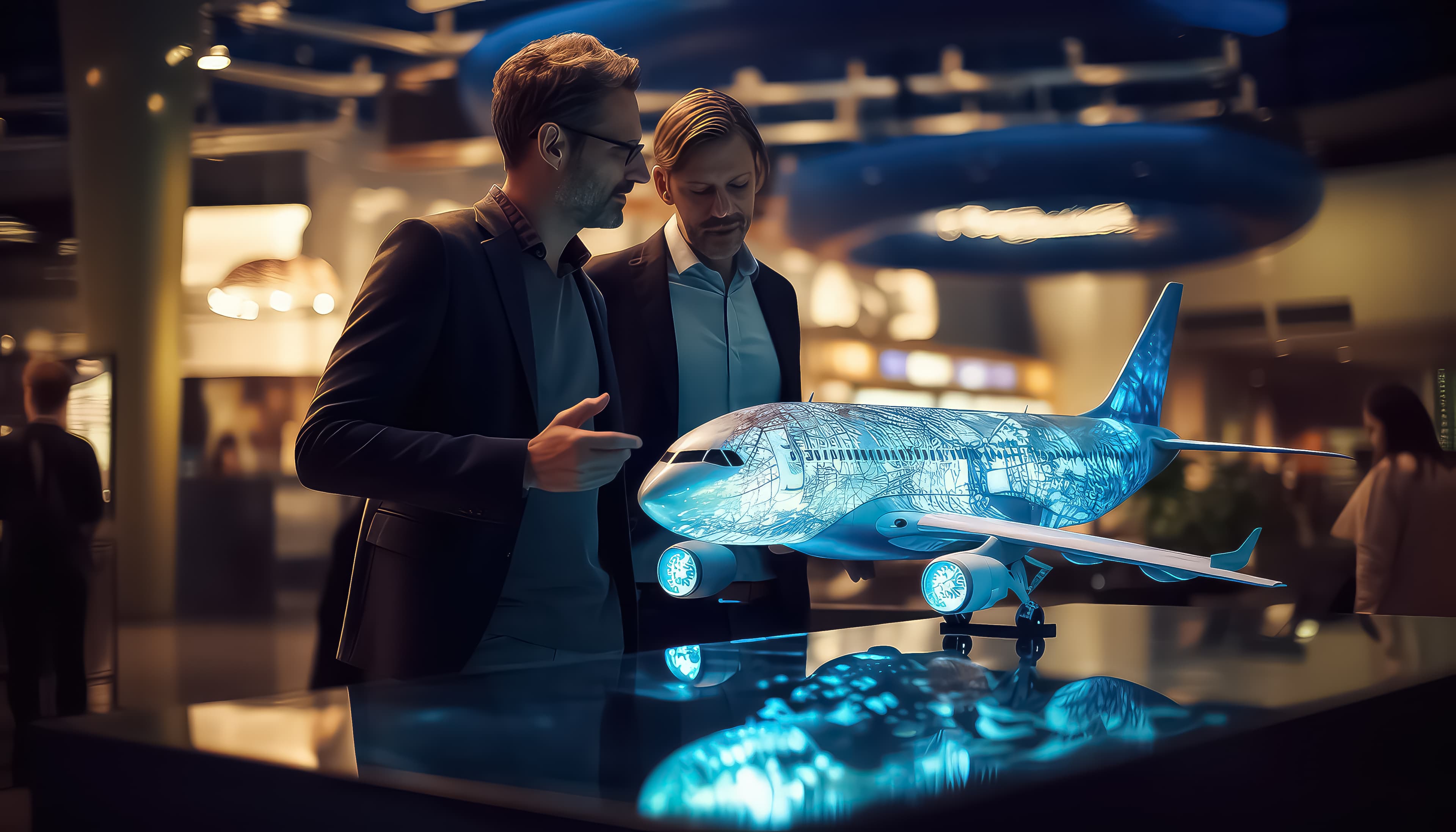 Abstract network of interconnected nodes representing AI and machine learning in aviation.